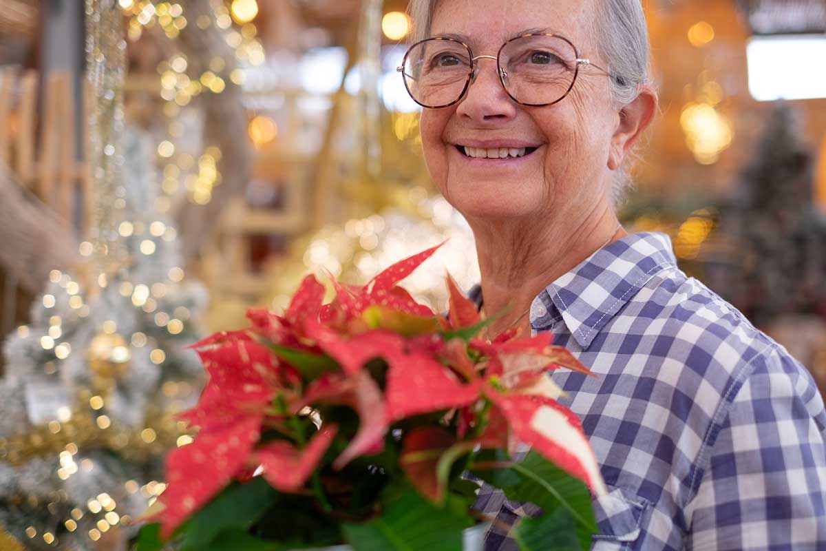 close up of a senior woman holding a poinsettia